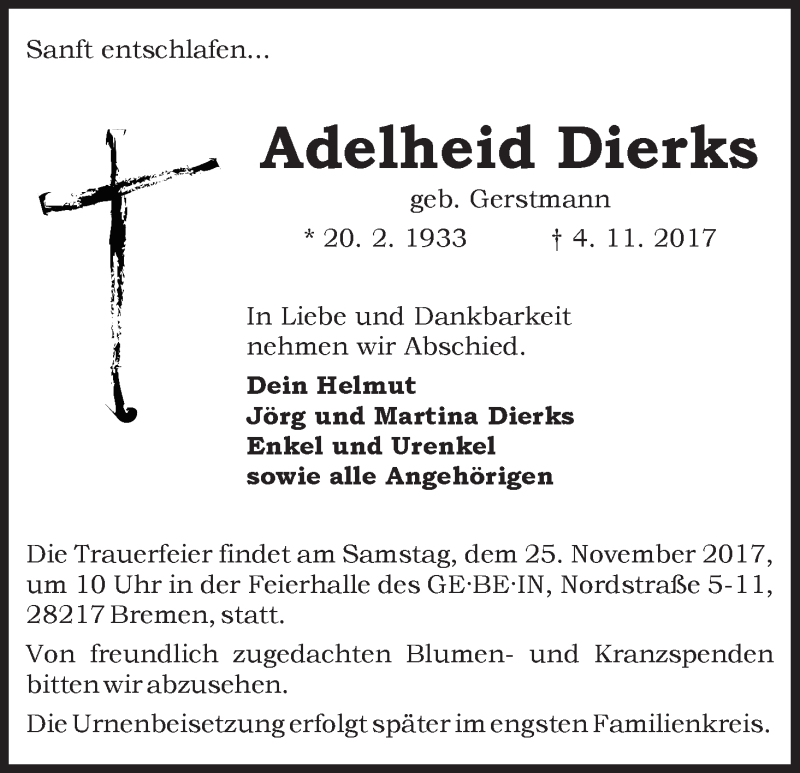 Traueranzeige von Adelheid Dierks von WESER-KURIER