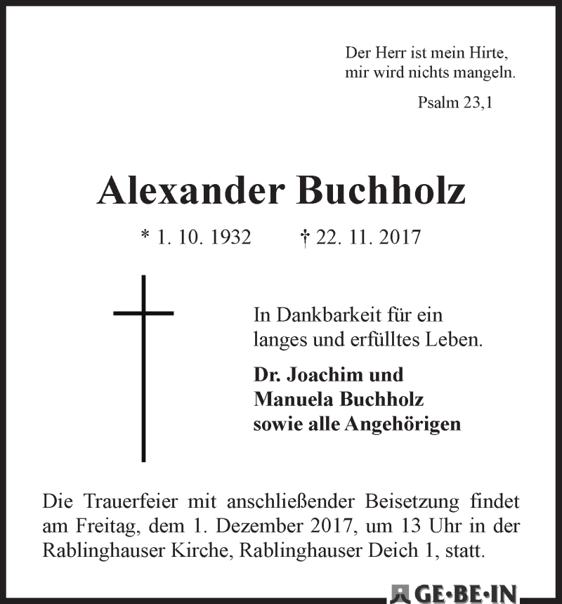 Traueranzeige von Alexander Buchholz von WESER-KURIER