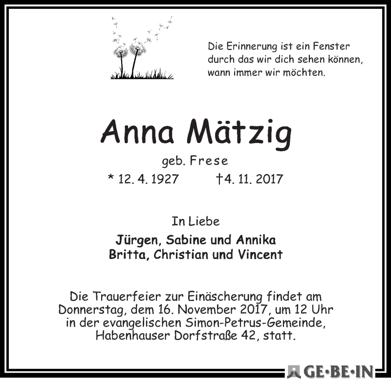 Traueranzeige von Anna Mätzig von WESER-KURIER