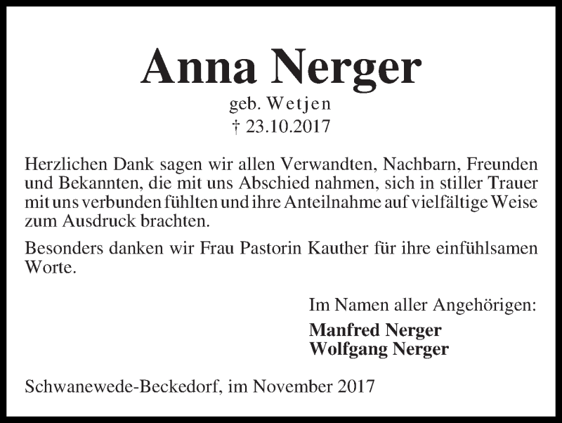Traueranzeige von Anna Nerger von Die Norddeutsche