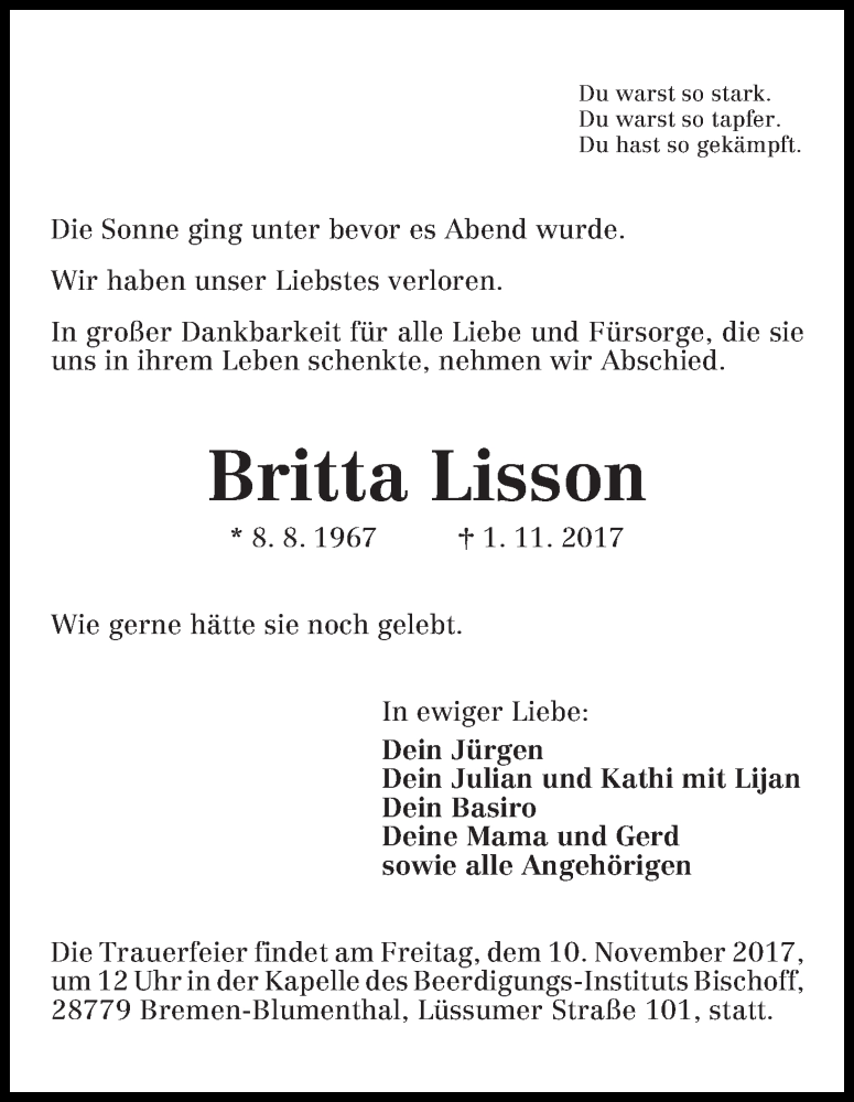 Traueranzeige von Britta Lisson von Die Norddeutsche