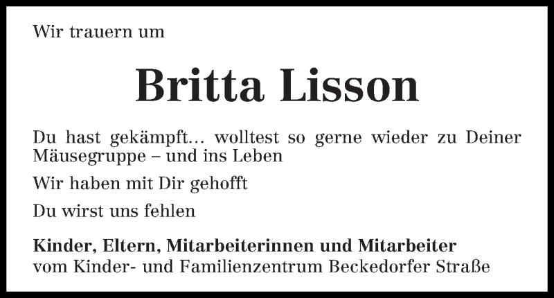 Traueranzeige von Britta Lisson von Die Norddeutsche