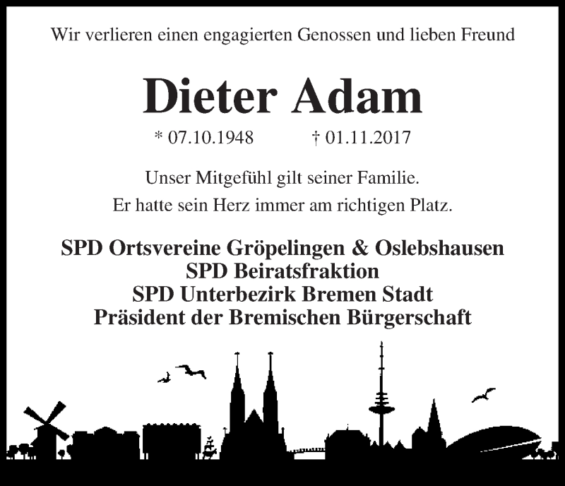 Traueranzeige von Dieter Adam von WESER-KURIER