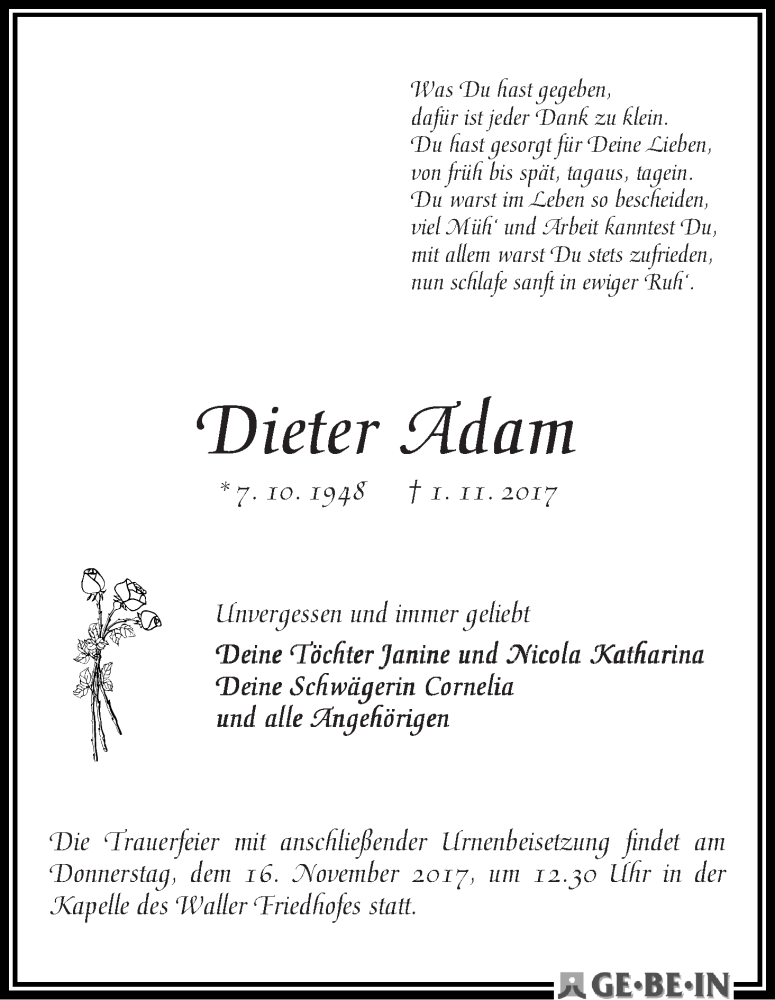 Traueranzeige von Dieter Adam von WESER-KURIER