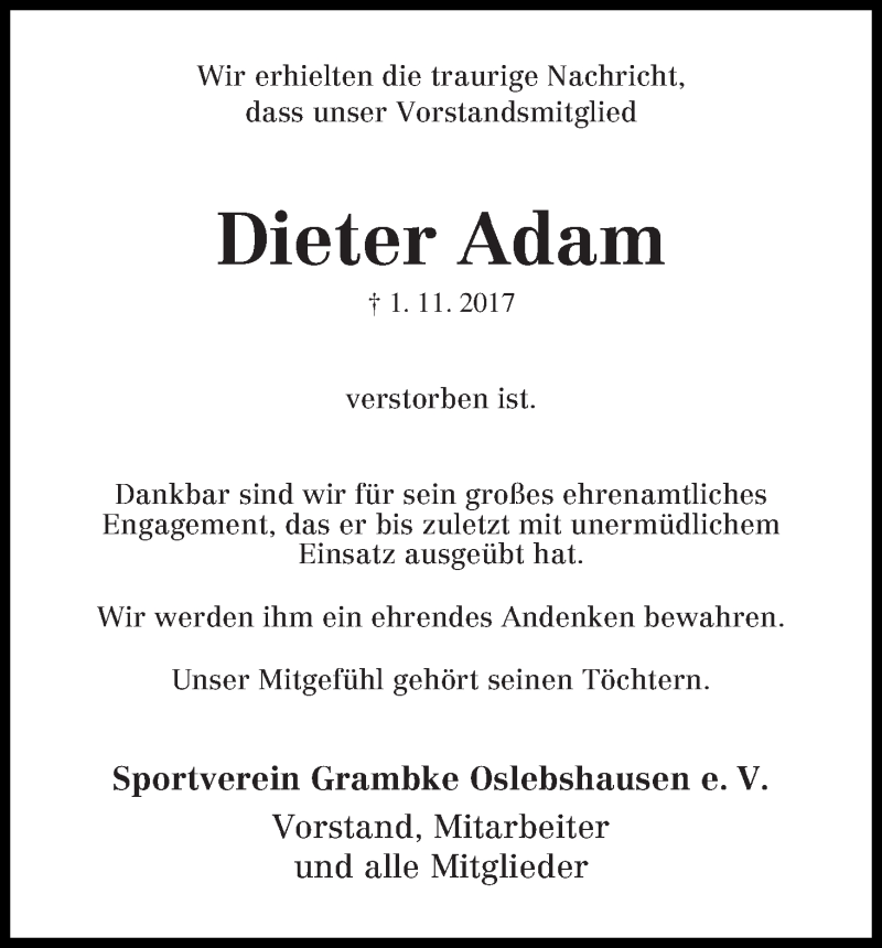 Traueranzeige von Dieter Adam von WESER-KURIER