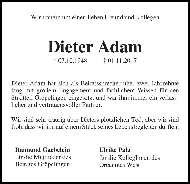 Traueranzeige von Dieter Adam von WESER-KURIER