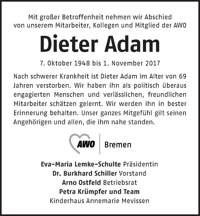 Traueranzeige von Dieter Adam von WESER-KURIER