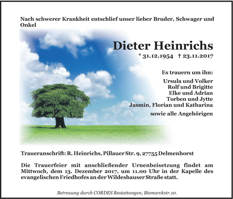 Traueranzeige von Dieter Heinrichs von Delmenhorster Kurier