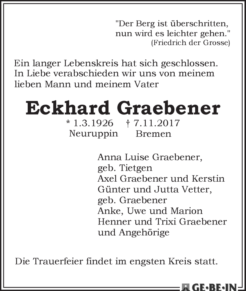 Traueranzeige von Eckhard Graebener von WESER-KURIER