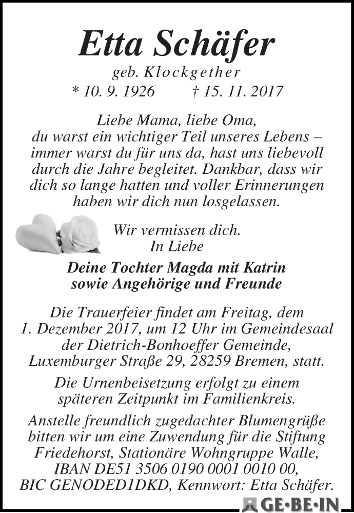Traueranzeige von Etta Schäfer von WESER-KURIER