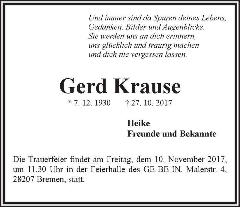 Traueranzeige von Gerd Krause von WESER-KURIER