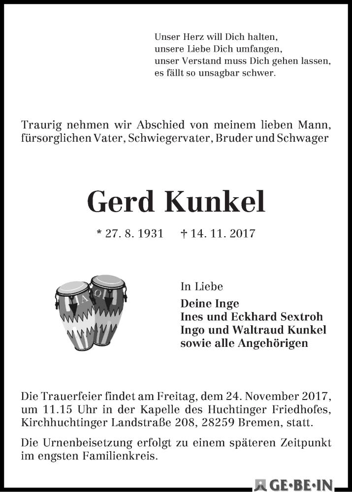 Traueranzeige von Gerd Kunkel von WESER-KURIER