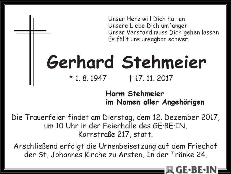 Traueranzeige von Gerhard Stehmeier von WESER-KURIER