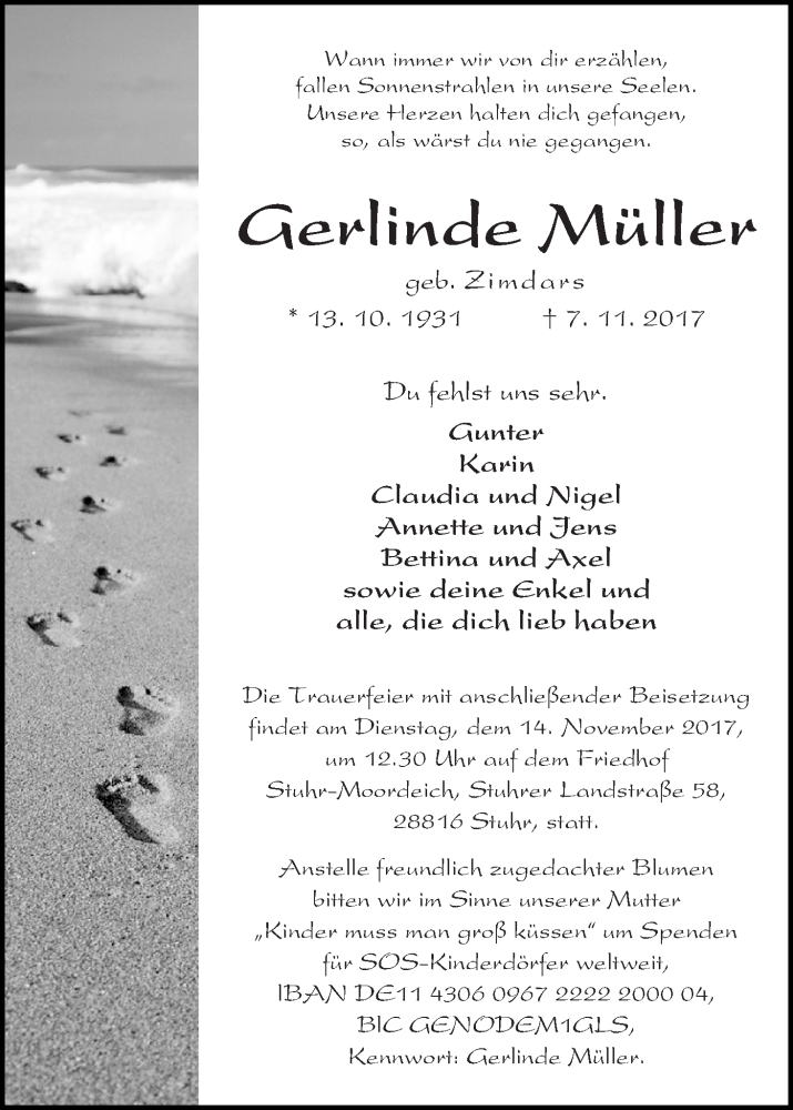 Traueranzeige von Gerlinde Müller von WESER-KURIER
