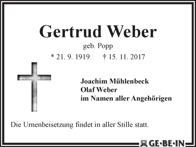 Traueranzeige von Gertrud Weber von WESER-KURIER