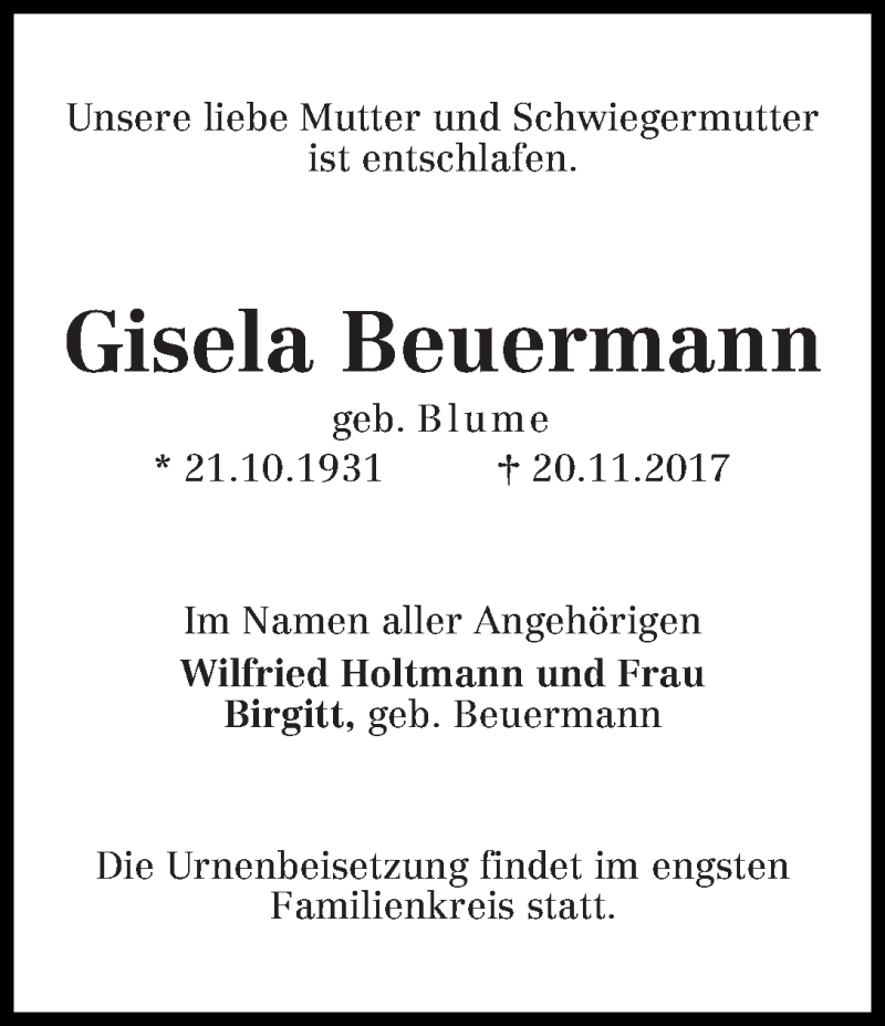 Traueranzeige von Gisela Beuermann von WESER-KURIER