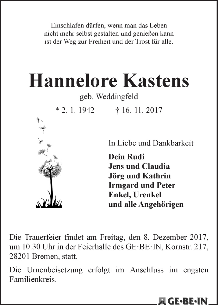 Traueranzeige von Hannelore Kastens von WESER-KURIER
