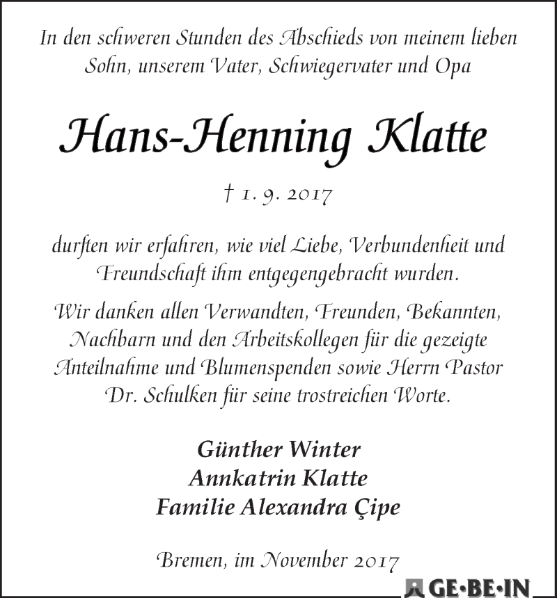 Traueranzeige von Hans-Henning Klatte von WESER-KURIER