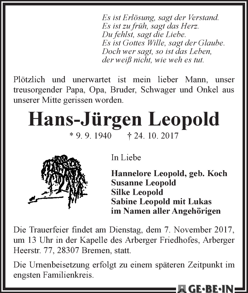 Traueranzeige von Hans-Jürgen Leopold von WESER-KURIER