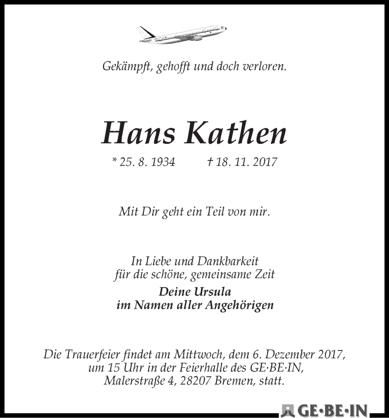 Traueranzeige von Hans Kathen von WESER-KURIER