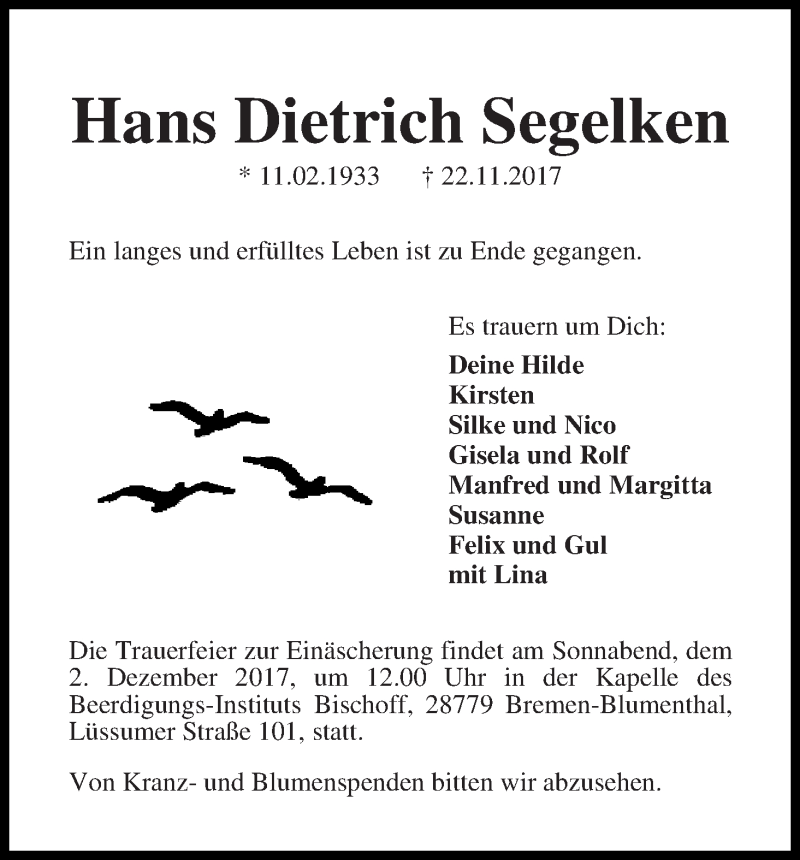 Traueranzeige von Hans Dietrich Segelken von Die Norddeutsche