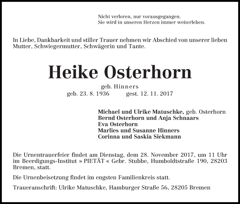 Traueranzeige von Heike Osterhorn von WESER-KURIER
