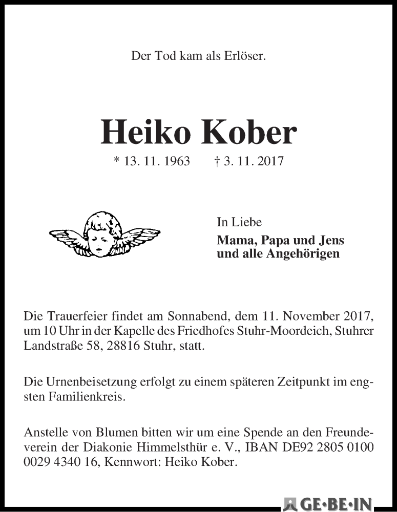 Traueranzeige von Heiko Kober von WESER-KURIER