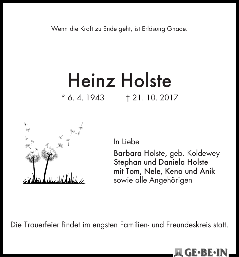 Traueranzeige von Heinz Holste von WESER-KURIER