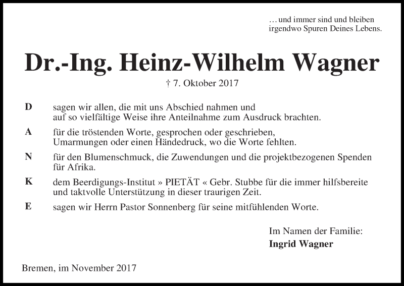 Traueranzeige von Heinz-Wilhelm Wagner von WESER-KURIER