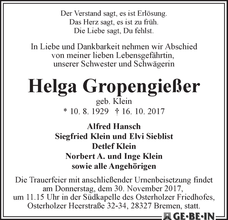 Traueranzeige von Helga Gropengießer von WESER-KURIER