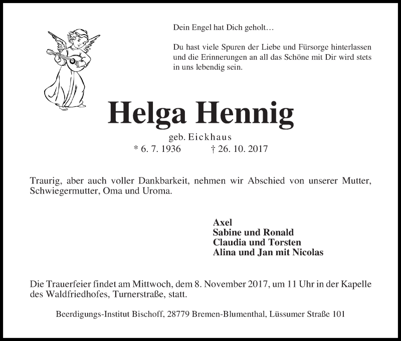 Traueranzeige von Helga Hennig von Die Norddeutsche
