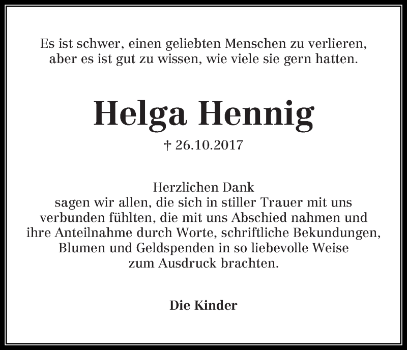 Traueranzeige von Helga Hennig von Die Norddeutsche