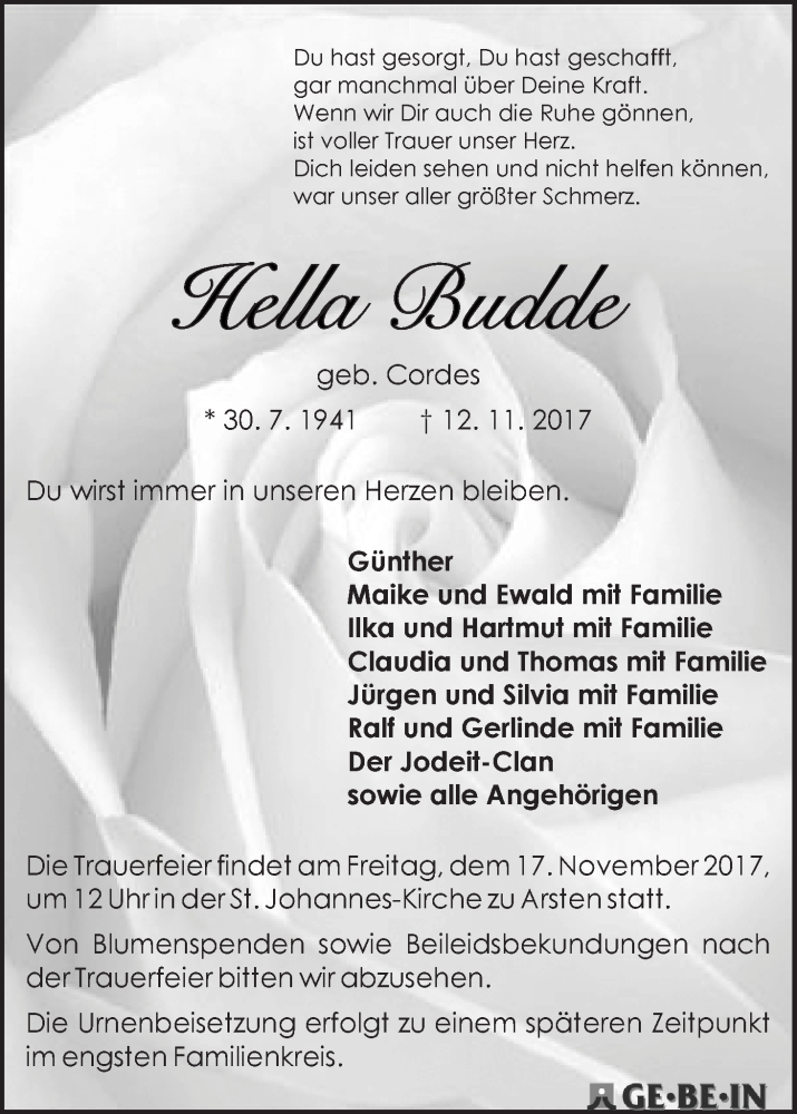 Traueranzeige von Hella Budde von WESER-KURIER