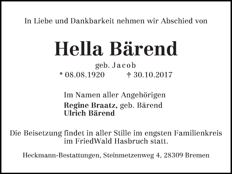 Traueranzeige von Hella Bärend von WESER-KURIER