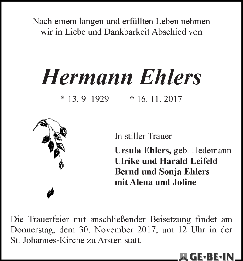 Traueranzeige von Hermann Ehlers von WESER-KURIER