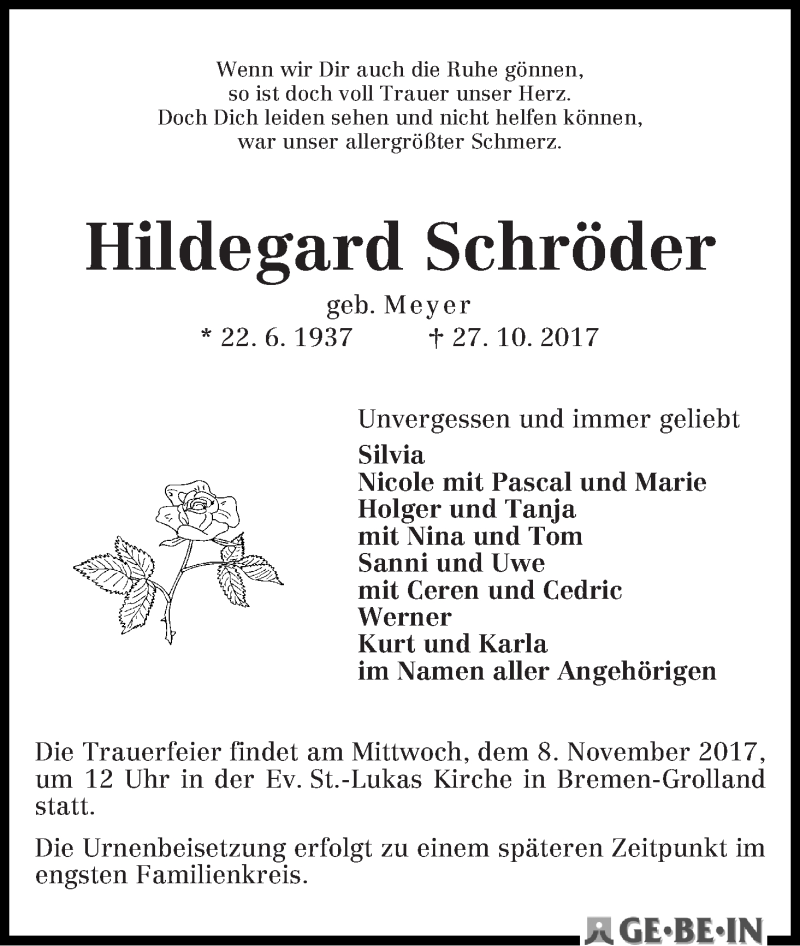 Traueranzeige von Hildegard Schröder von WESER-KURIER
