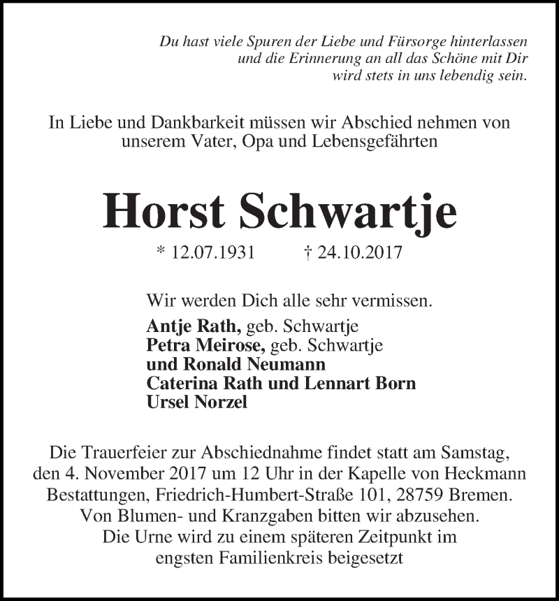 Traueranzeige von Horst Schwartje von WESER-KURIER