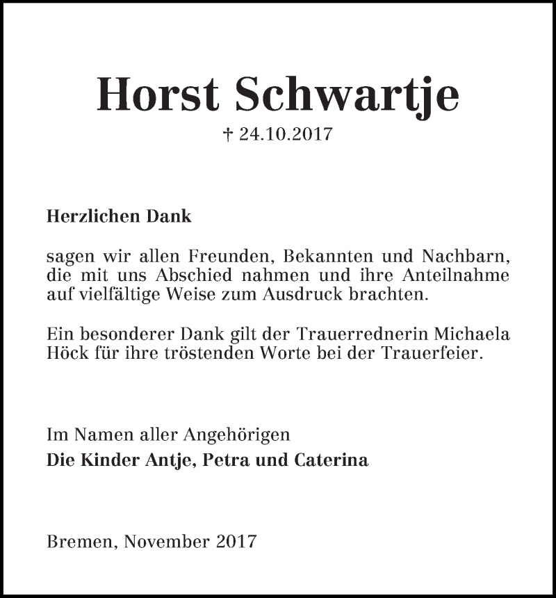 Traueranzeige von Horst Schwartje von Die Norddeutsche