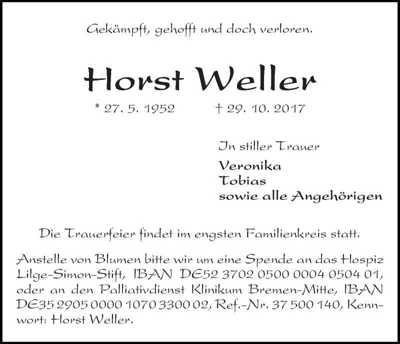 Traueranzeige von Horst Weller von WESER-KURIER