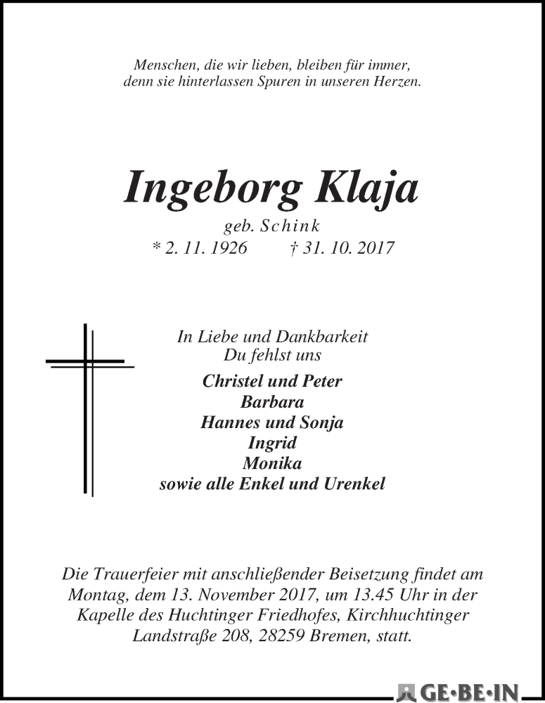 Traueranzeige von Igeborg Klaja von WESER-KURIER
