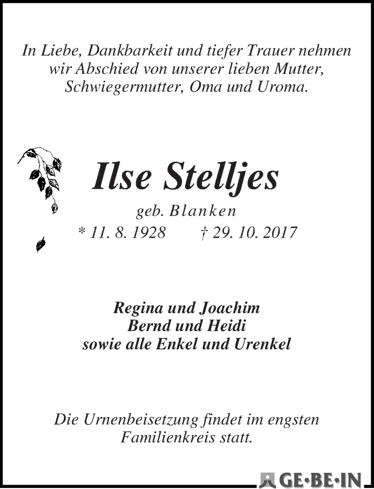 Traueranzeige von Ilse Stelljes von WESER-KURIER