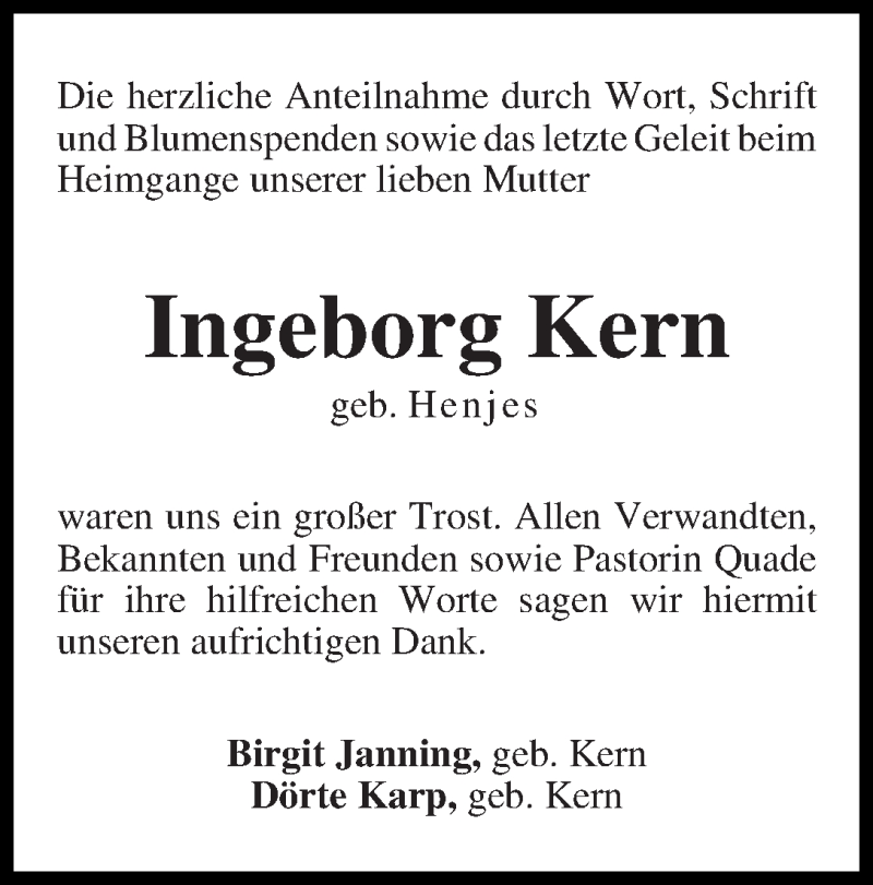 Traueranzeige von Ingeborg Kern von WESER-KURIER