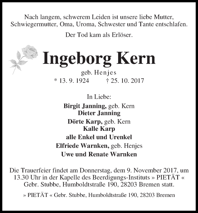Traueranzeige von Ingeborg Kern von WESER-KURIER