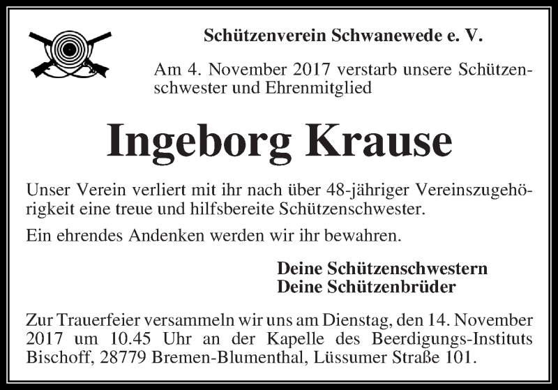 Traueranzeige von Ingeborg Krause von Die Norddeutsche