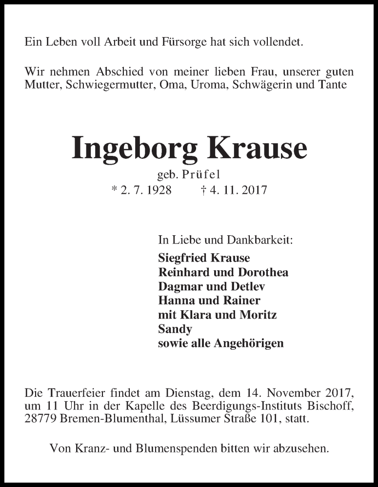 Traueranzeige von Ingeborg Krause von Die Norddeutsche
