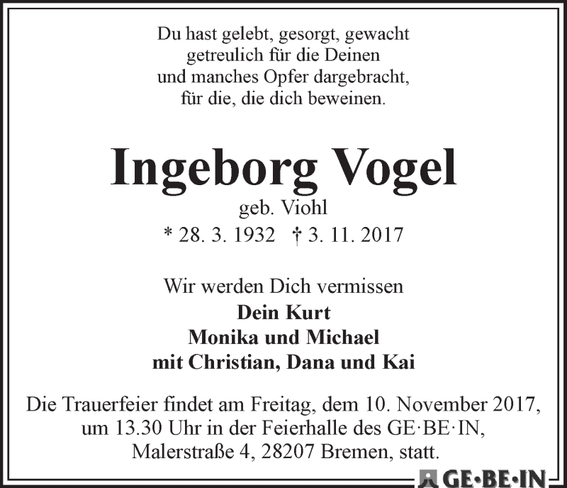 Traueranzeige von Ingeborg Vogel von WESER-KURIER