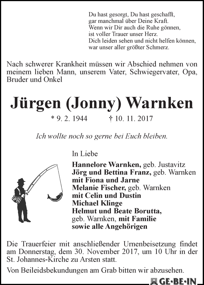 Traueranzeige von Jürgen Warnken von WESER-KURIER