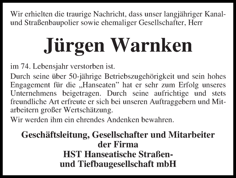 Traueranzeige von Jürgen Warnken von WESER-KURIER