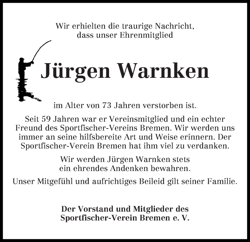 Traueranzeige von Jürgen Warnken von WESER-KURIER