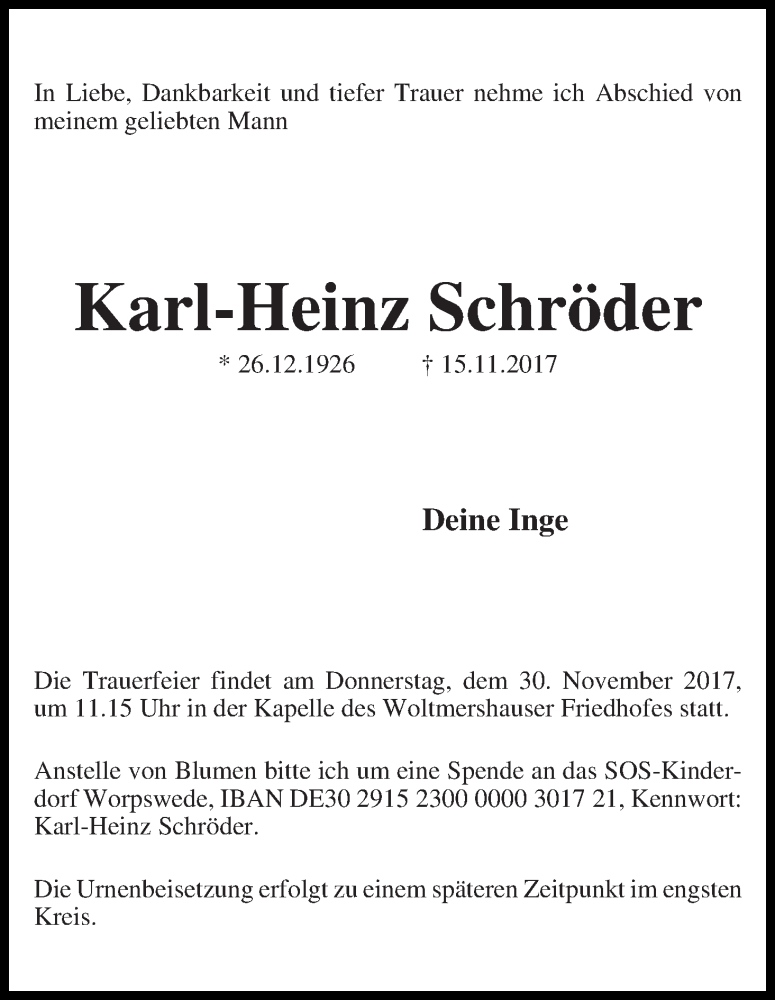 Traueranzeige von Karl-Heinz Schröder von WESER-KURIER